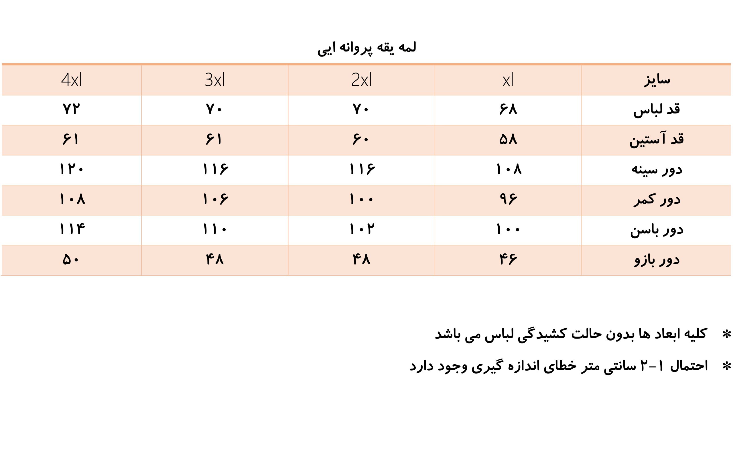 جدول سایز بندی یقه پروانه ایهانیل